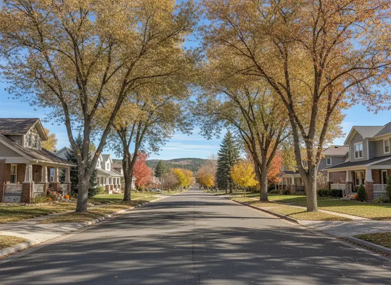 Tree-lined residential street with foothills in the distance
